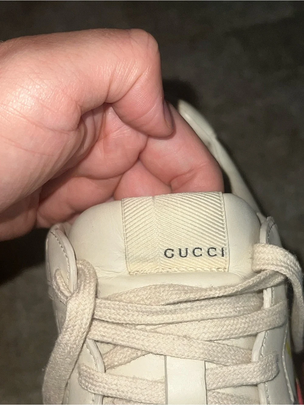 Gucci Cream White Leather Logo Low-Top Sneakers with Yellow & Red Accent
